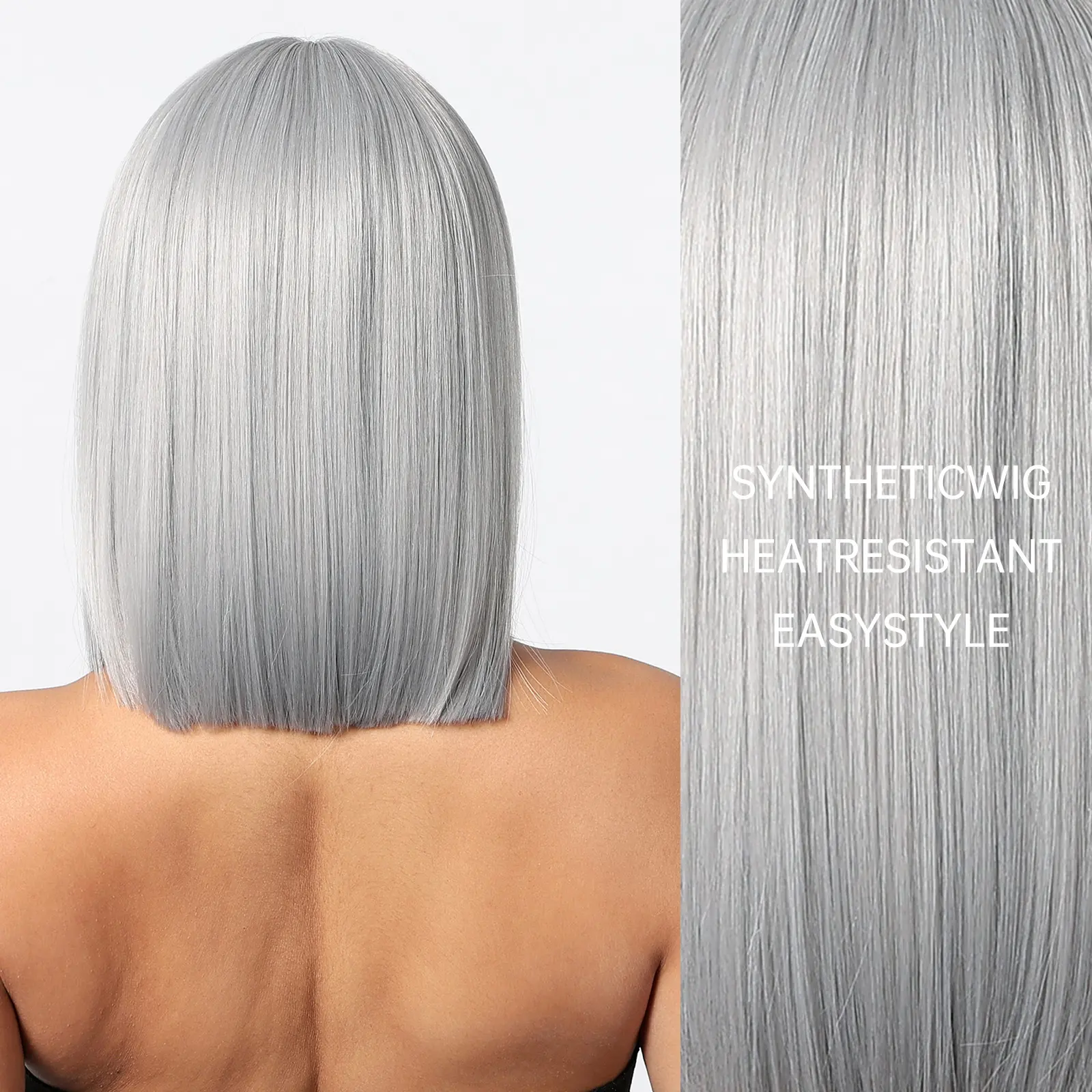 Silver Grey Synthetic Wigs For White Women Cosplay Daily Use Short Straight Bob Wig Natural Hair With Bangs Heat Resistant