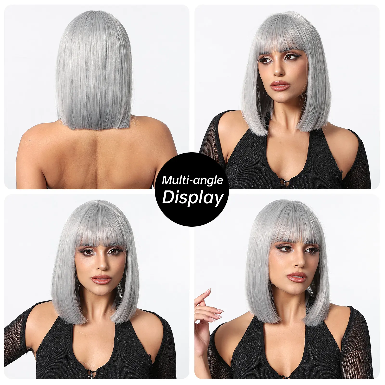 Silver Grey Synthetic Wigs For White Women Cosplay Daily Use Short Straight Bob Wig Natural Hair With Bangs Heat Resistant