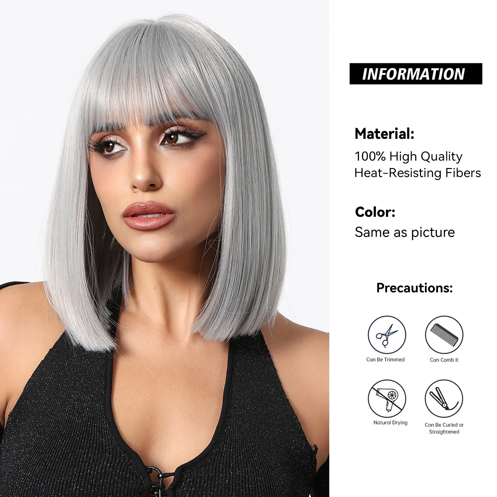 Silver Grey Synthetic Wigs For White Women Cosplay Daily Use Short Straight Bob Wig Natural Hair With Bangs Heat Resistant