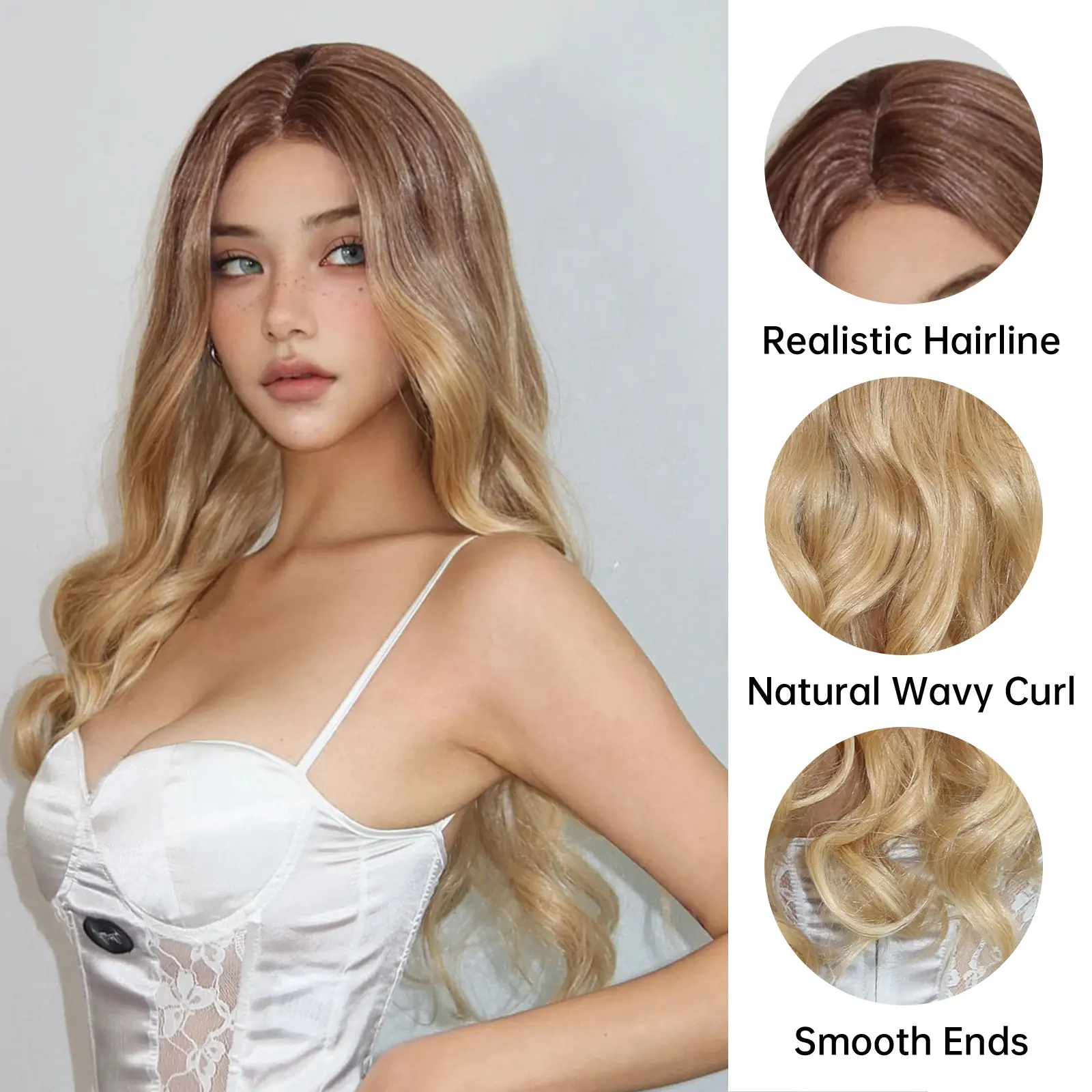 Long Curly Blonde Ombre Synthetic Wigs for Women Middle Part Wavy Wigs With Bangs Natural Hair With Dark Roots Hairline Lace Wig