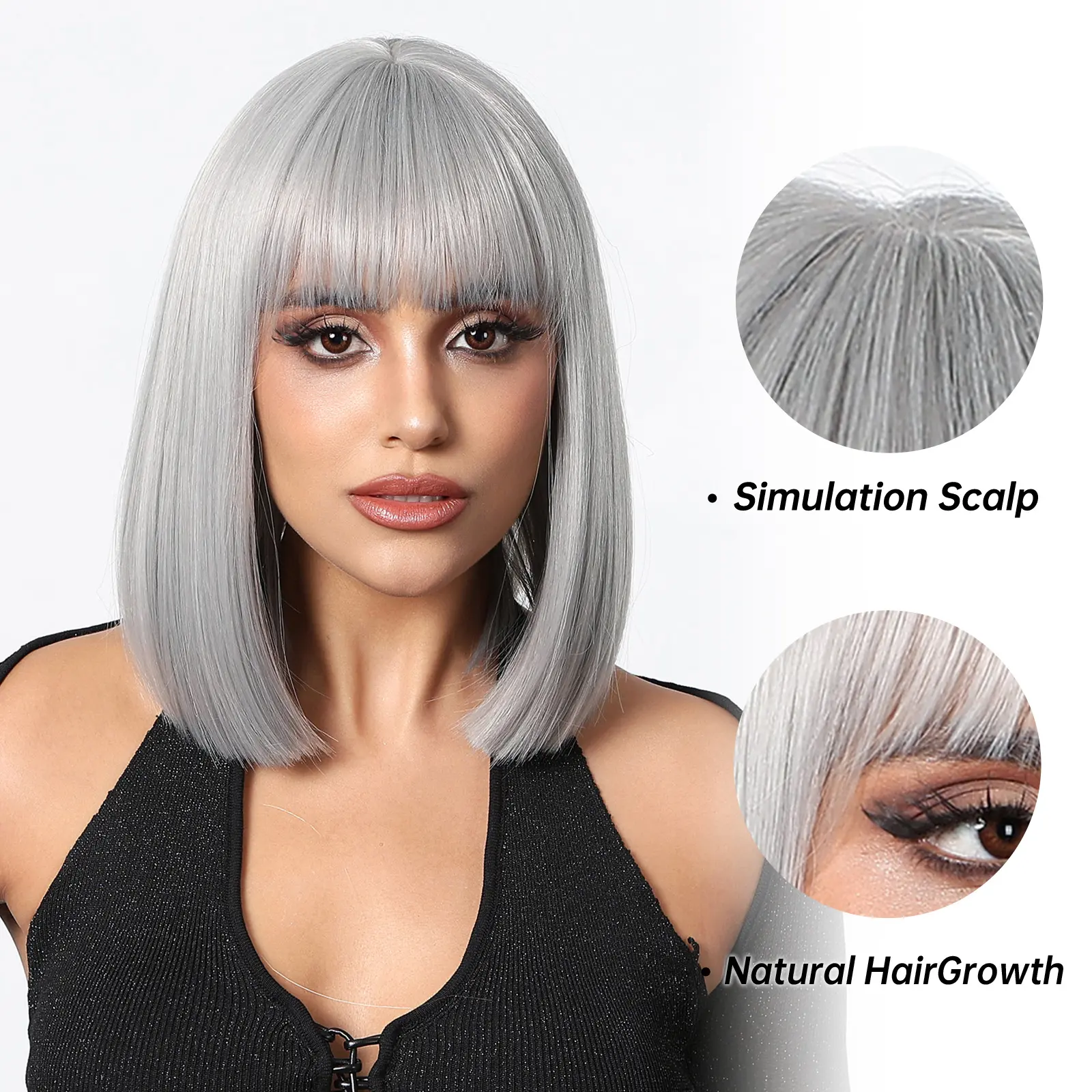 Silver Grey Synthetic Wigs For White Women Cosplay Daily Use Short Straight Bob Wig Natural Hair With Bangs Heat Resistant