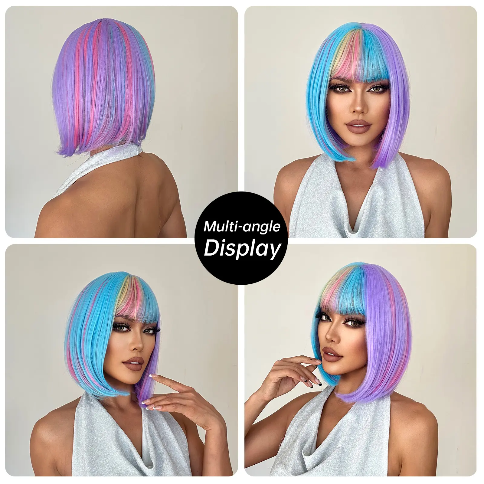 Short Straight Bob Wig With Bangs For Women Rainbow Colorful Synthetic Hair Wig For Christmas Cosplay Natural Heat Resistant Wig