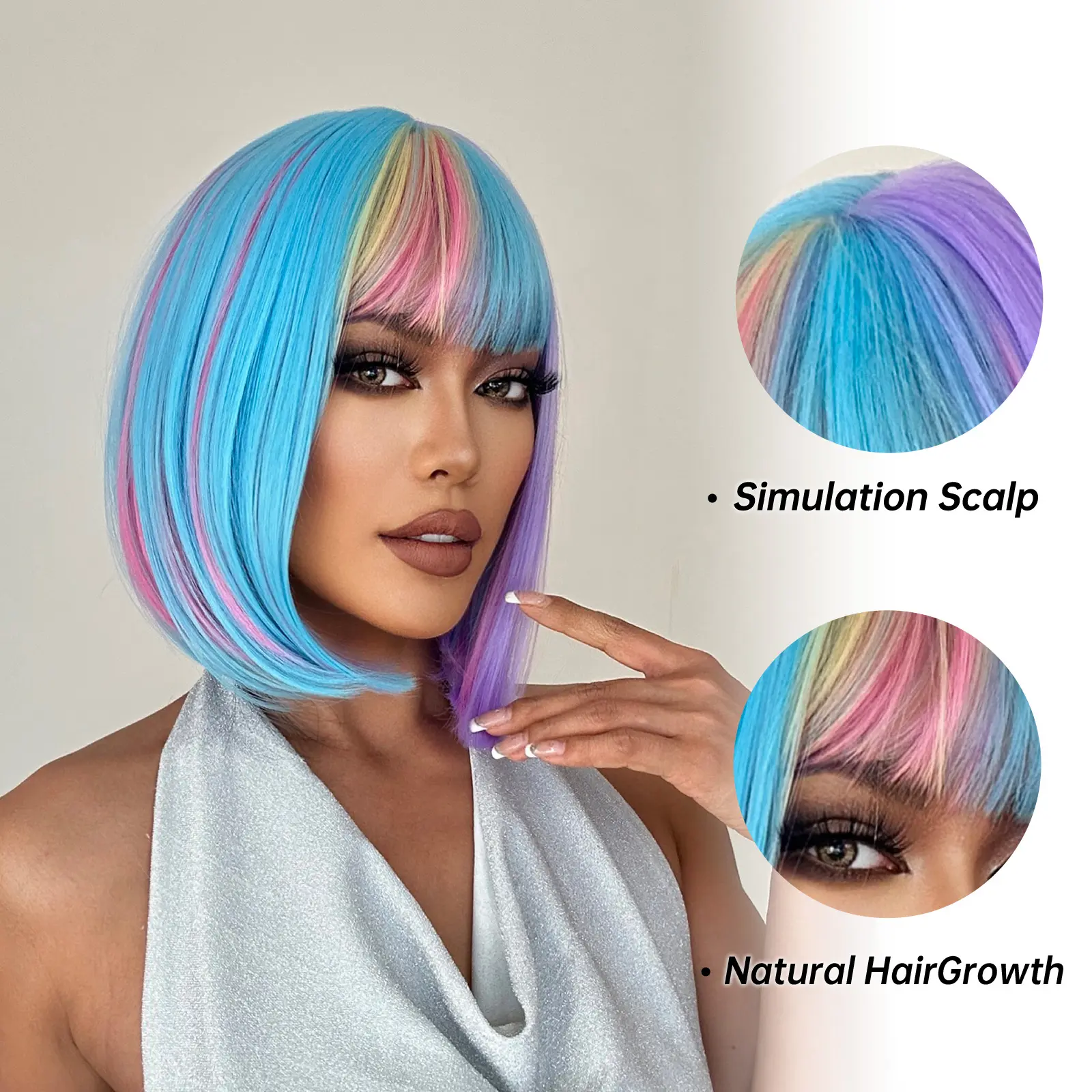 Short Straight Bob Wig With Bangs For Women Rainbow Colorful Synthetic Hair Wig For Christmas Cosplay Natural Heat Resistant Wig