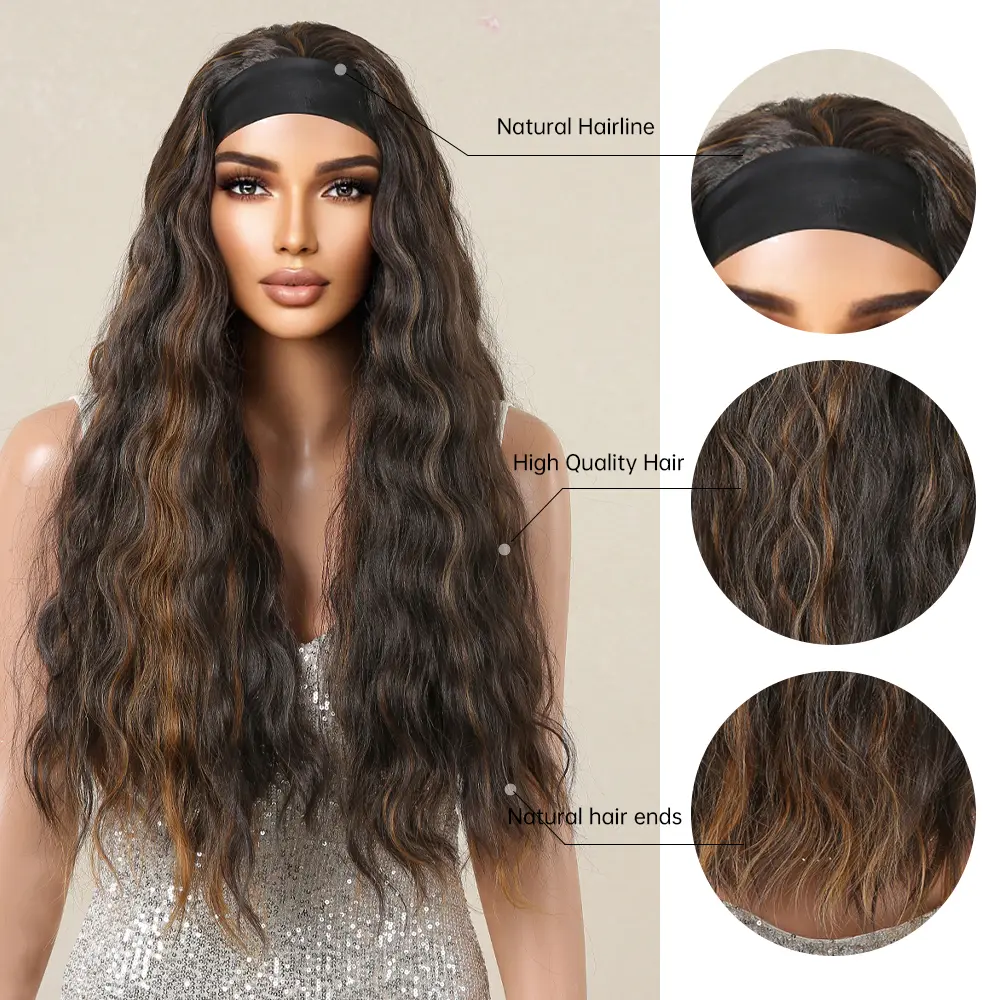 LOUIS FERRE Dark Brown Headband Wigs For Women Daily Party Cosplay Long Curly Synthetic Fibre Wig Natural Heat Resistant Hair
