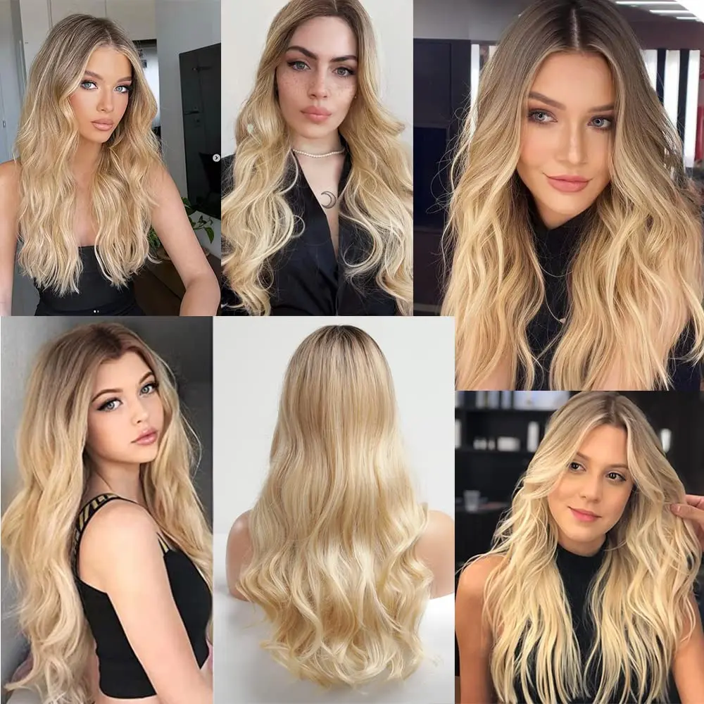 Long Curly Blonde Ombre Synthetic Wigs for Women Middle Part Wavy Wigs With Bangs Natural Hair With Dark Roots Hairline Lace Wig