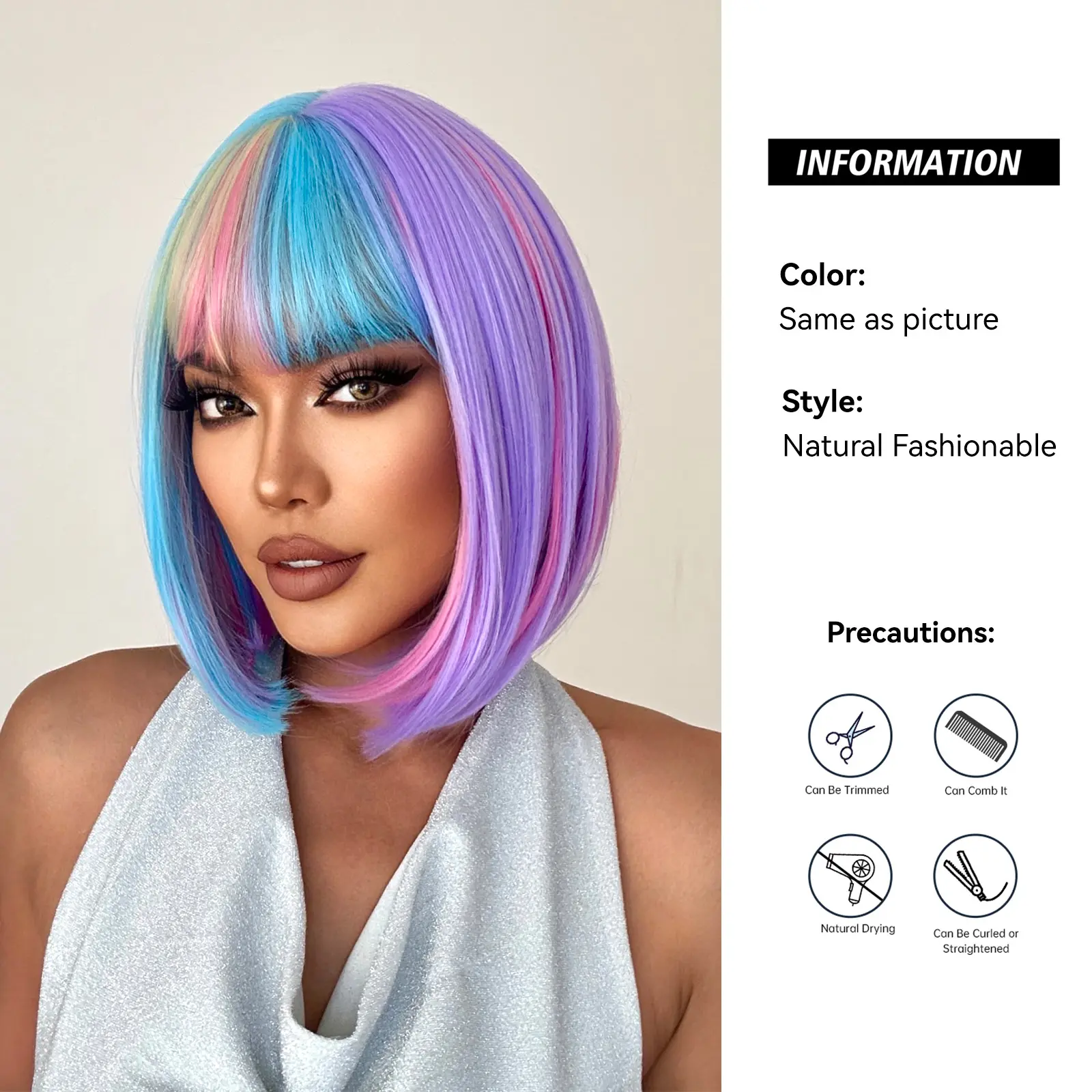 Short Straight Bob Wig With Bangs For Women Rainbow Colorful Synthetic Hair Wig For Christmas Cosplay Natural Heat Resistant Wig