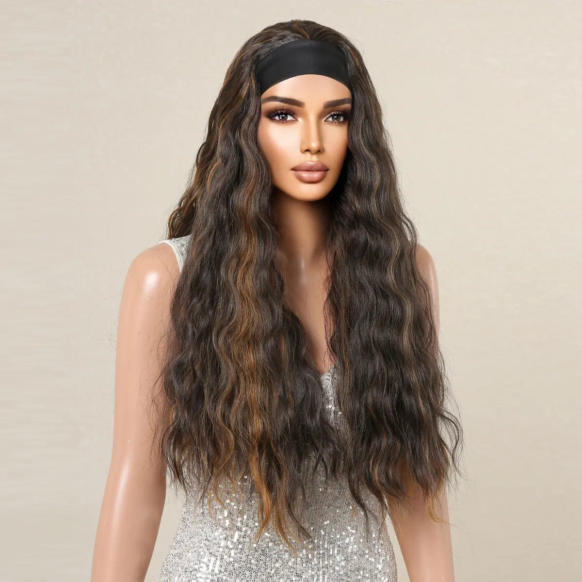 LOUIS FERRE Dark Brown Headband Wigs For Women Daily Party Cosplay Long Curly Synthetic Fibre Wig Natural Heat Resistant Hair