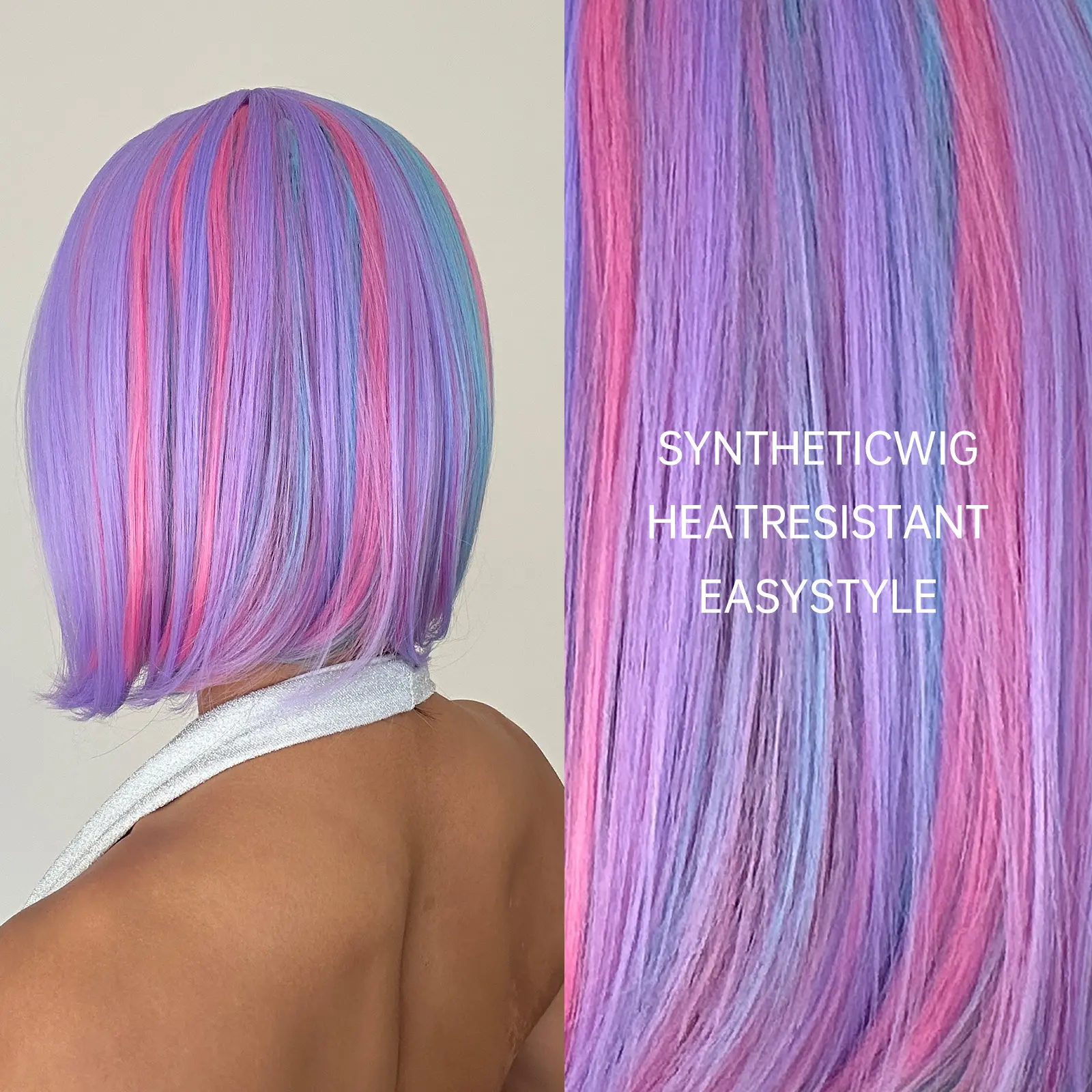Short Straight Bob Wig With Bangs For Women Rainbow Colorful Synthetic Hair Wig For Christmas Cosplay Natural Heat Resistant Wig