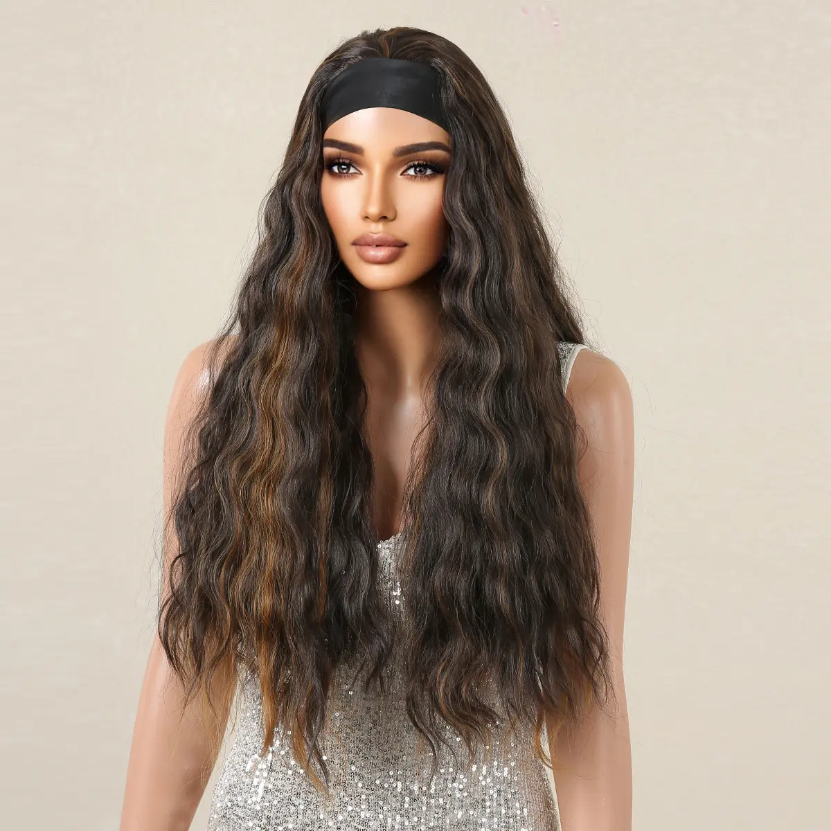 LOUIS FERRE Dark Brown Headband Wigs For Women Daily Party Cosplay Long Curly Synthetic Fibre Wig Natural Heat Resistant Hair
