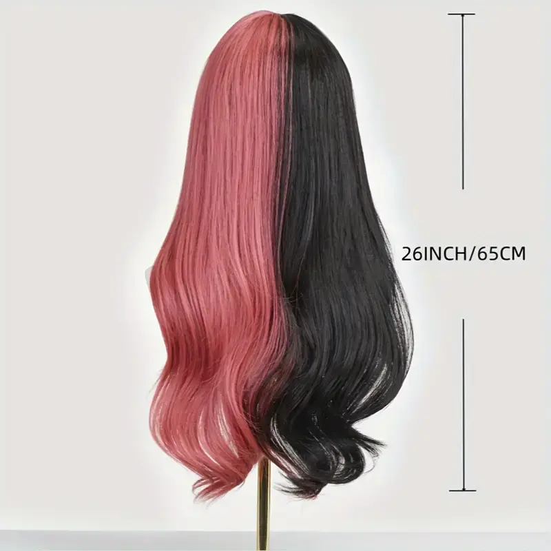 LOUIS FERRE Long Wavy Cosplay Hair Synthetic Wigs for Women Black And Pink Wigs With Bangs Halloween Party Natural Fake Hair