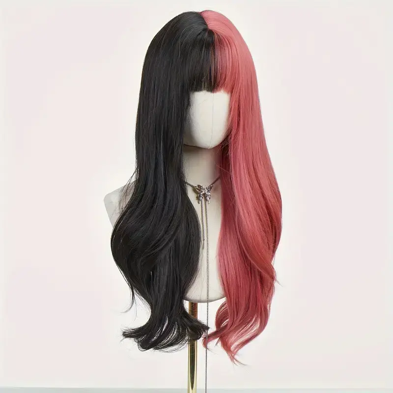 LOUIS FERRE Long Wavy Cosplay Hair Synthetic Wigs for Women Black And Pink Wigs With Bangs Halloween Party Natural Fake Hair