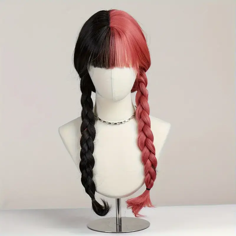 LOUIS FERRE Long Wavy Cosplay Hair Synthetic Wigs for Women Black And Pink Wigs With Bangs Halloween Party Natural Fake Hair