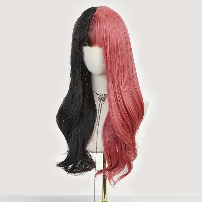 LOUIS FERRE Long Wavy Cosplay Hair Synthetic Wigs for Women Black And Pink Wigs With Bangs Halloween Party Natural Fake Hair