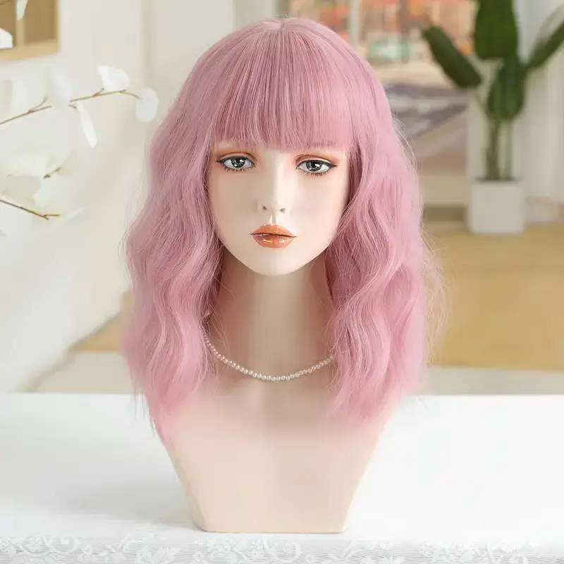 Short Wavy Bobo Synthetic Wigs for Women Pink Cosplay Hair Wigs With Bangs Colorful Hair Daily Lolita Heat Resistant Fiber Wig