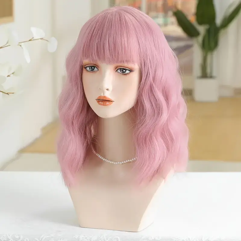 Short Wavy Bobo Synthetic Wigs for Women Pink Cosplay Hair Wigs With Bangs Colorful Hair Daily Lolita Heat Resistant Fiber Wig