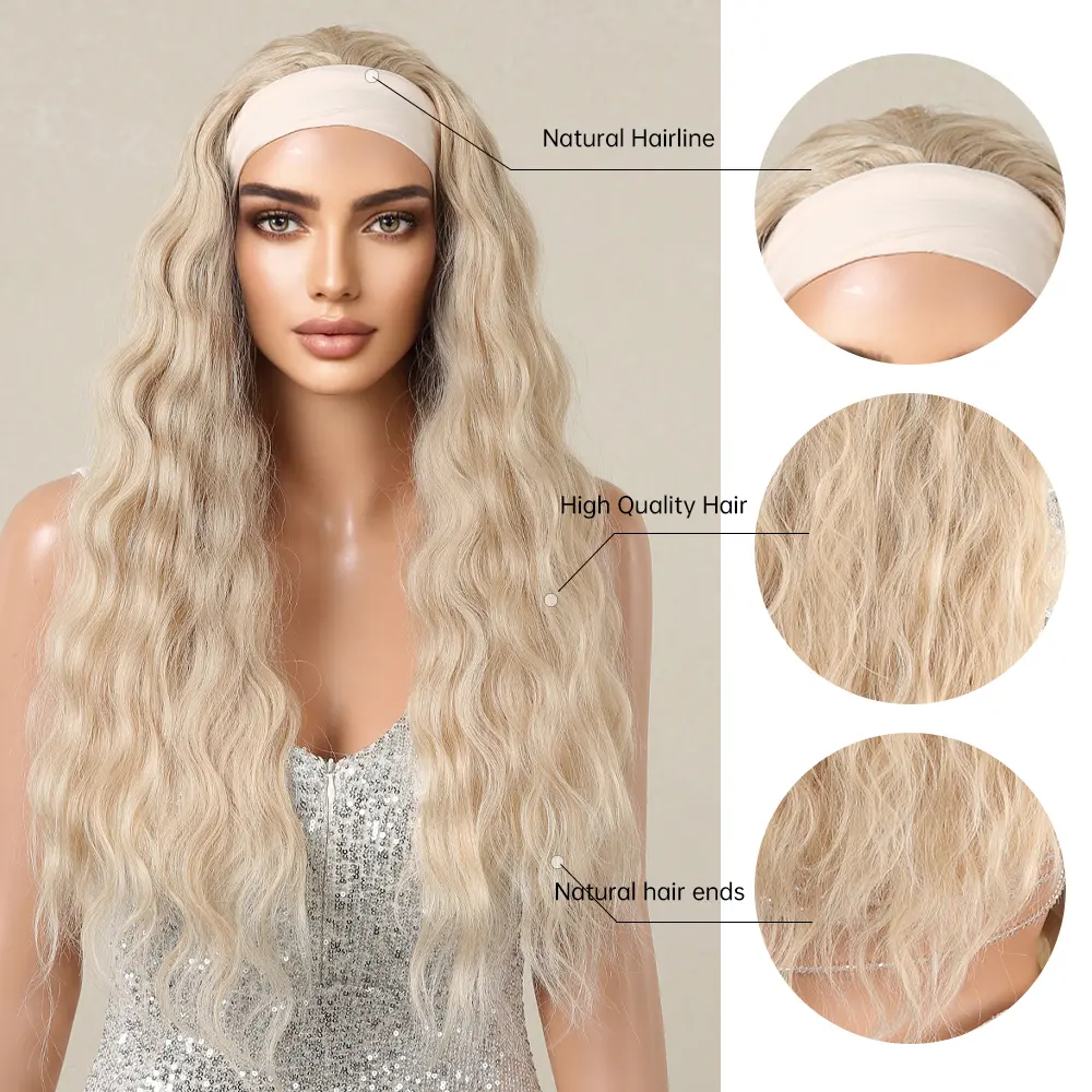 LOUIS FERRE Blonde Wigs for Women Long Curly Headband Wigs Heat Resistant Synthetic Fibre Wig Daily Party Cosplay Natural Hair