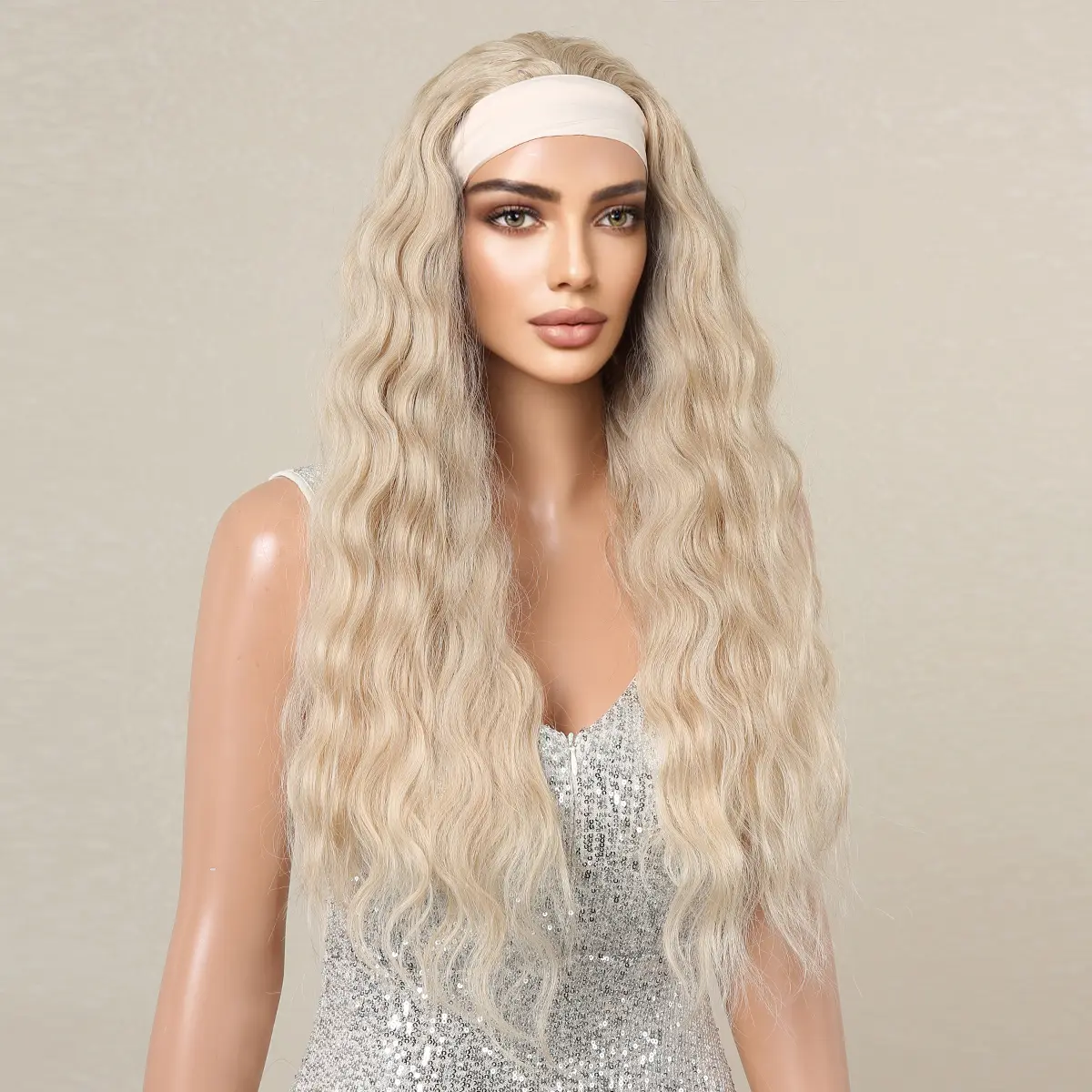 LOUIS FERRE Blonde Wigs for Women Long Curly Headband Wigs Heat Resistant Synthetic Fibre Wig Daily Party Cosplay Natural Hair