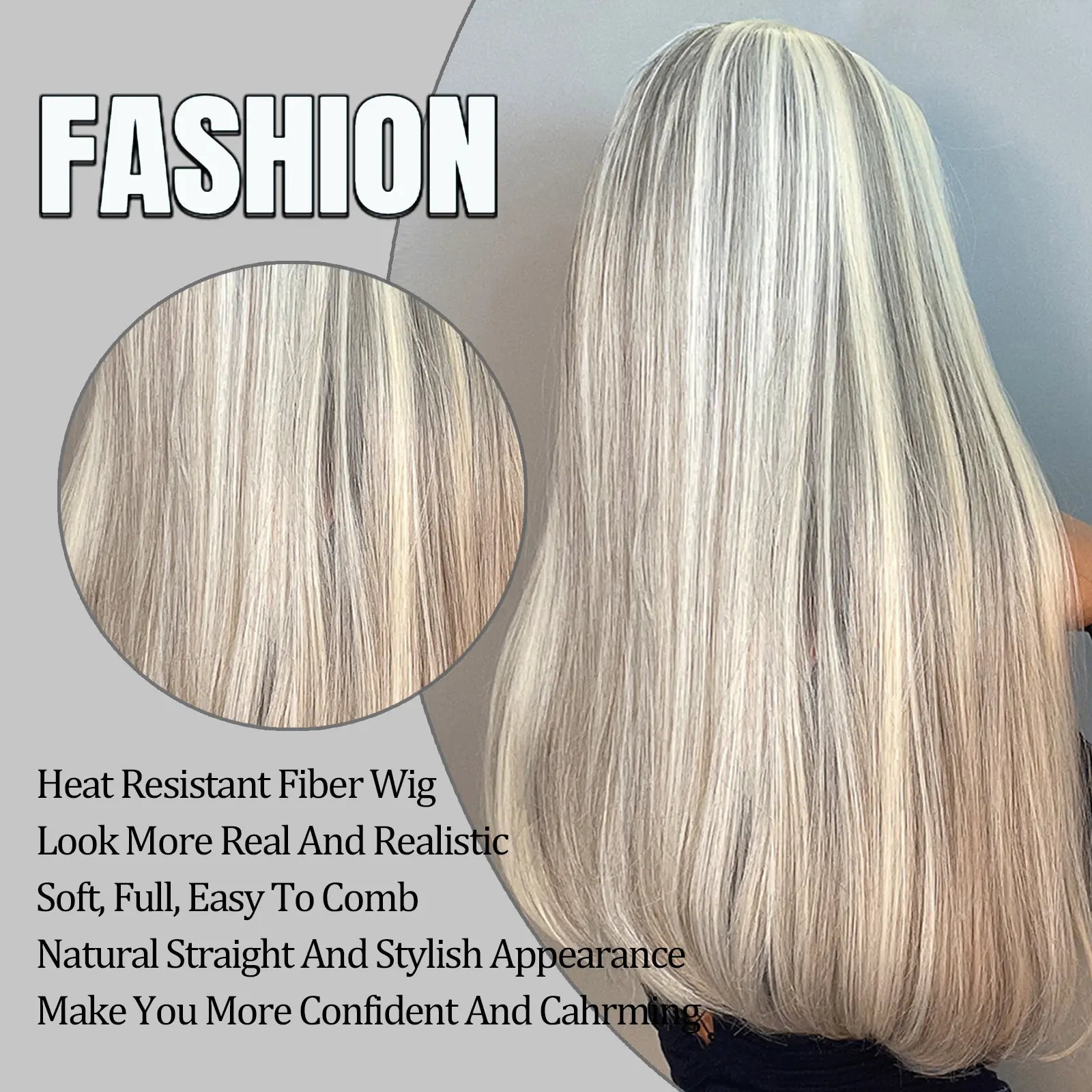 LOUIS FERRE Synthetic Long White Wigs with Bangs Cosplay Straight Wigs with Brown Highlight Natural Fake Hair for Black Women