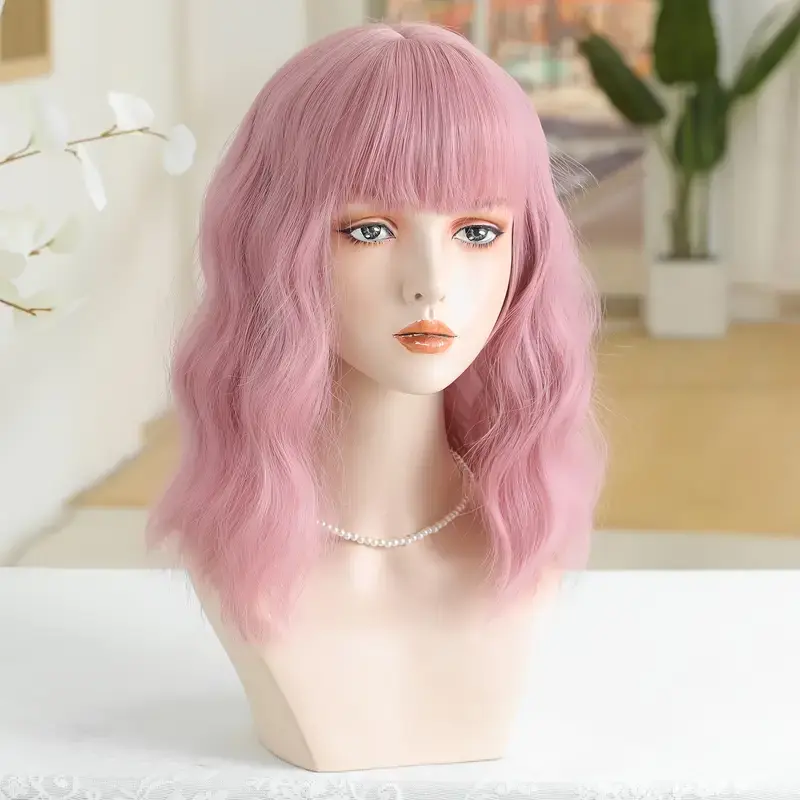 Short Wavy Bobo Synthetic Wigs for Women Pink Cosplay Hair Wigs With Bangs Colorful Hair Daily Lolita Heat Resistant Fiber Wig