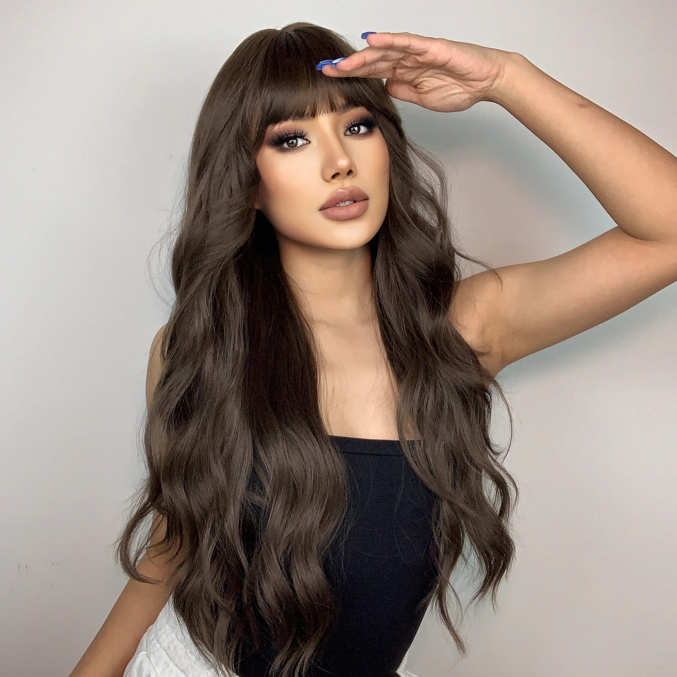 LOUIS FERRE Long Wavy Curly Brown Synthetic Wig For Women Natural Loose Wig With Bangs For Daily Cosplay Use High Temperature