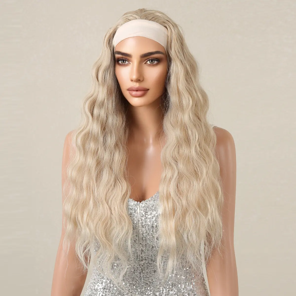 LOUIS FERRE Blonde Wigs for Women Long Curly Headband Wigs Heat Resistant Synthetic Fibre Wig Daily Party Cosplay Natural Hair