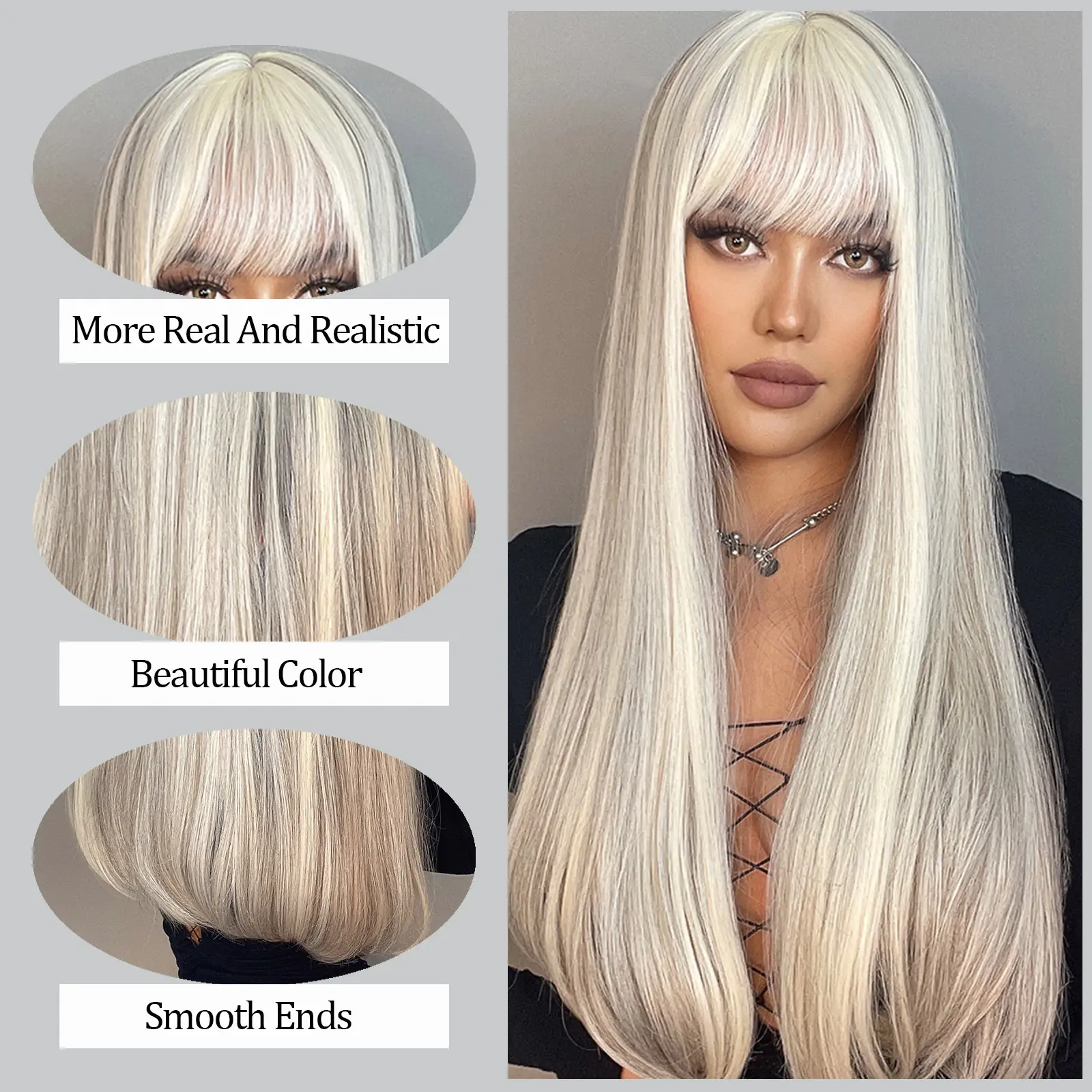 LOUIS FERRE Synthetic Long White Wigs with Bangs Cosplay Straight Wigs with Brown Highlight Natural Fake Hair for Black Women