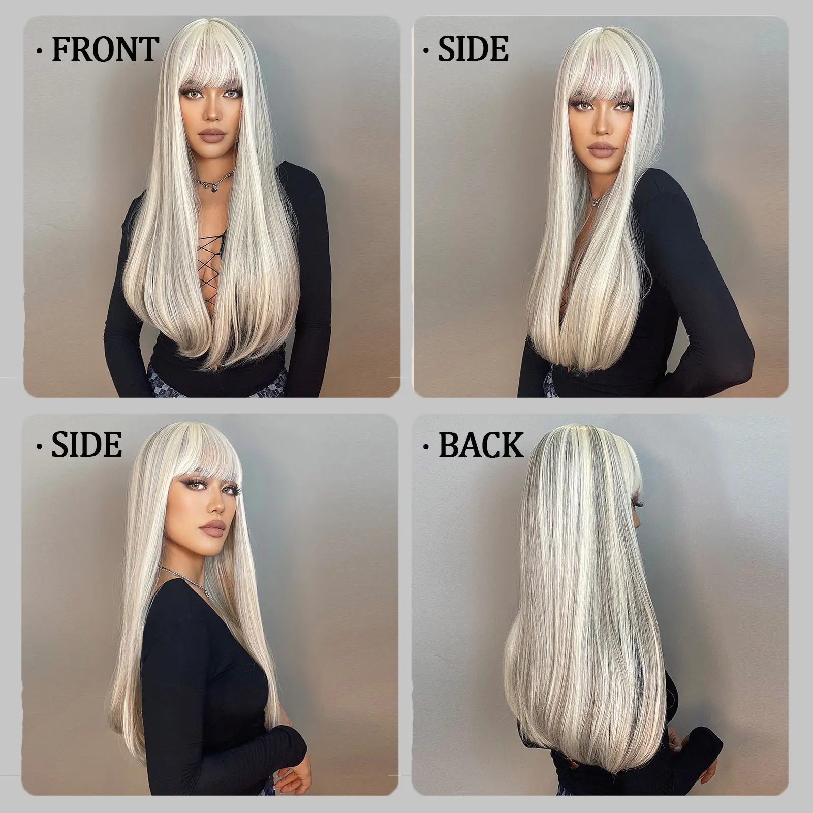 LOUIS FERRE Synthetic Long White Wigs with Bangs Cosplay Straight Wigs with Brown Highlight Natural Fake Hair for Black Women