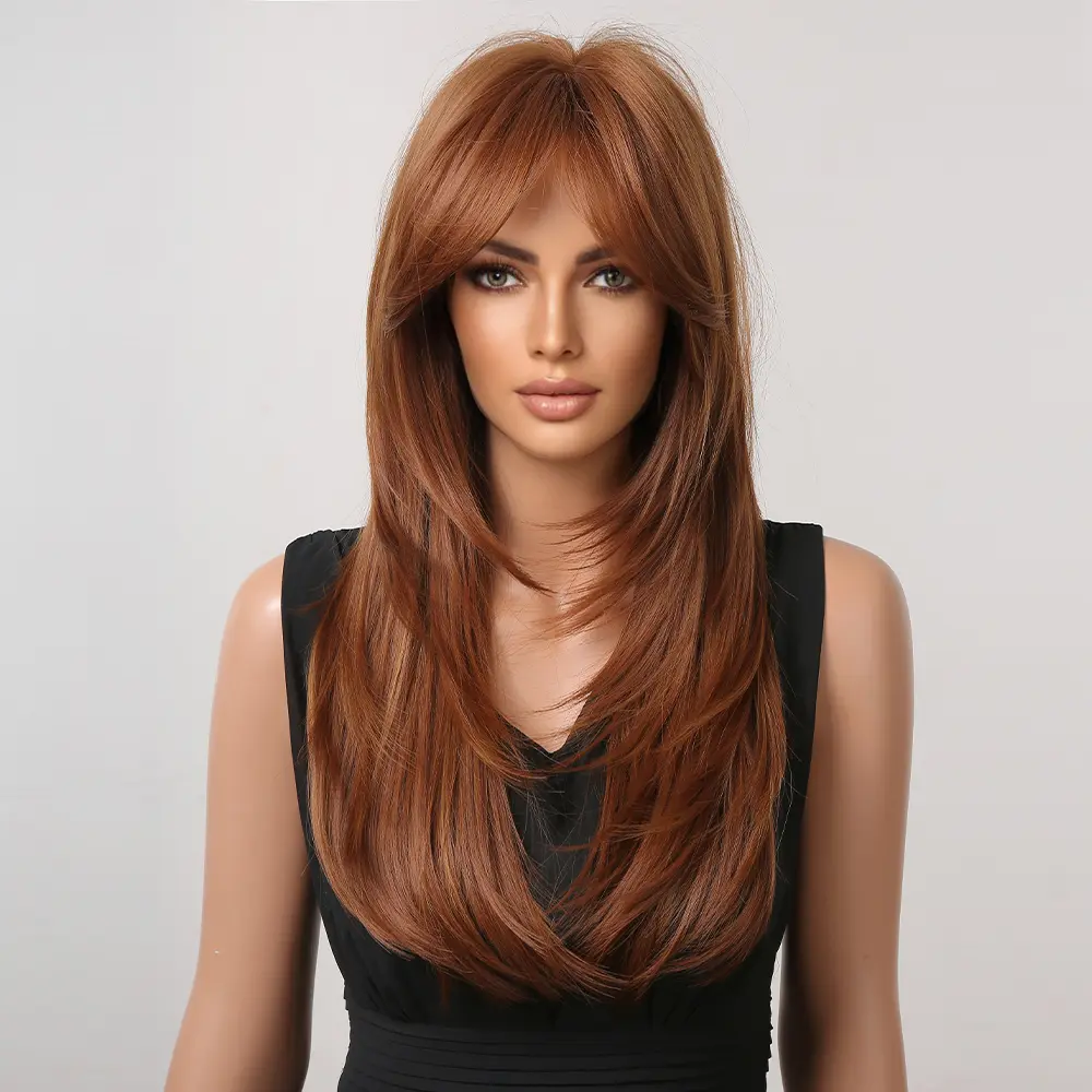 LOUIS FERRE Brown Synthetic Wig With Eight Character Bangs For Women Daily Cospaly Long Layered Straight Wig Heat Resistant Hair