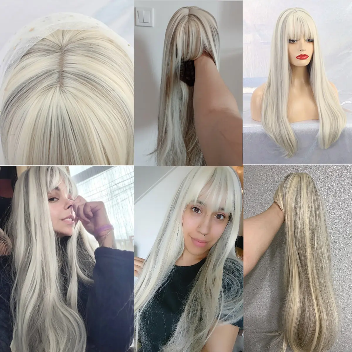 LOUIS FERRE Synthetic Long White Wigs with Bangs Cosplay Straight Wigs with Brown Highlight Natural Fake Hair for Black Women