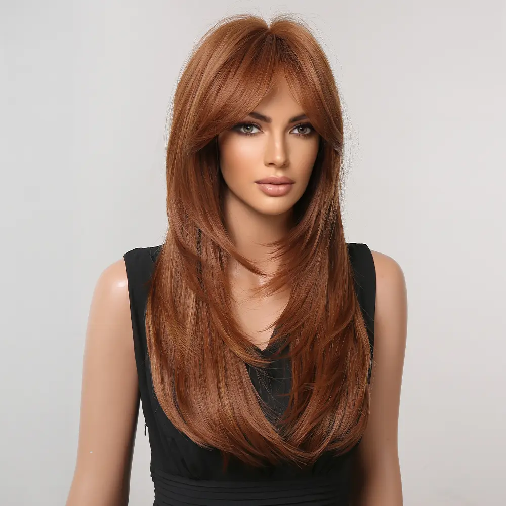 LOUIS FERRE Brown Synthetic Wig With Eight Character Bangs For Women Daily Cospaly Long Layered Straight Wig Heat Resistant Hair