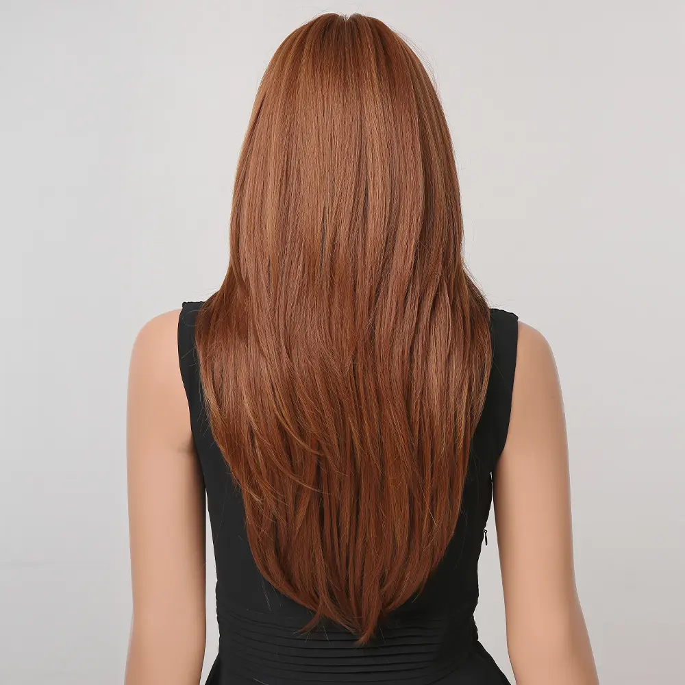 LOUIS FERRE Brown Synthetic Wig With Eight Character Bangs For Women Daily Cospaly Long Layered Straight Wig Heat Resistant Hair