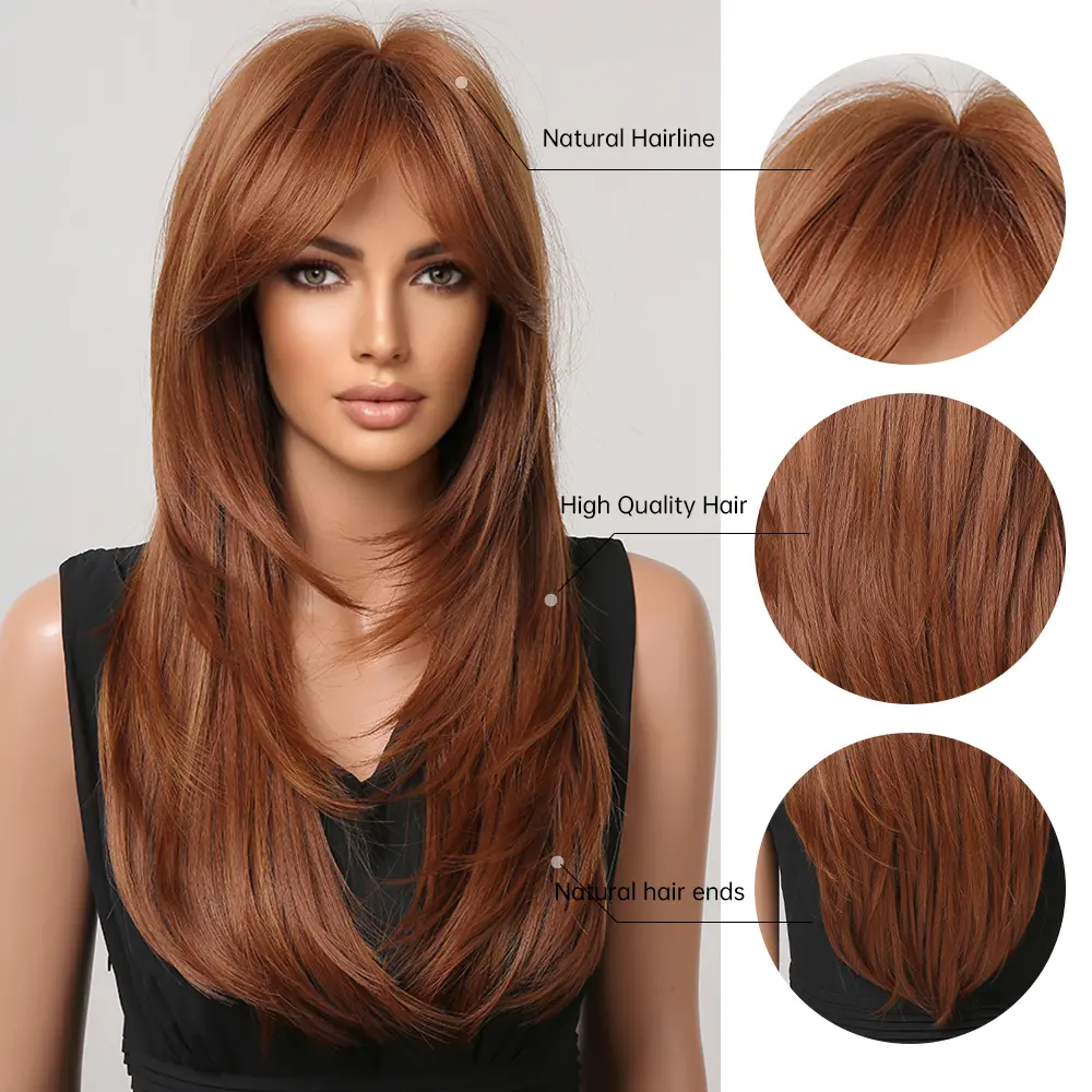 LOUIS FERRE Brown Synthetic Wig With Eight Character Bangs For Women Daily Cospaly Long Layered Straight Wig Heat Resistant Hair
