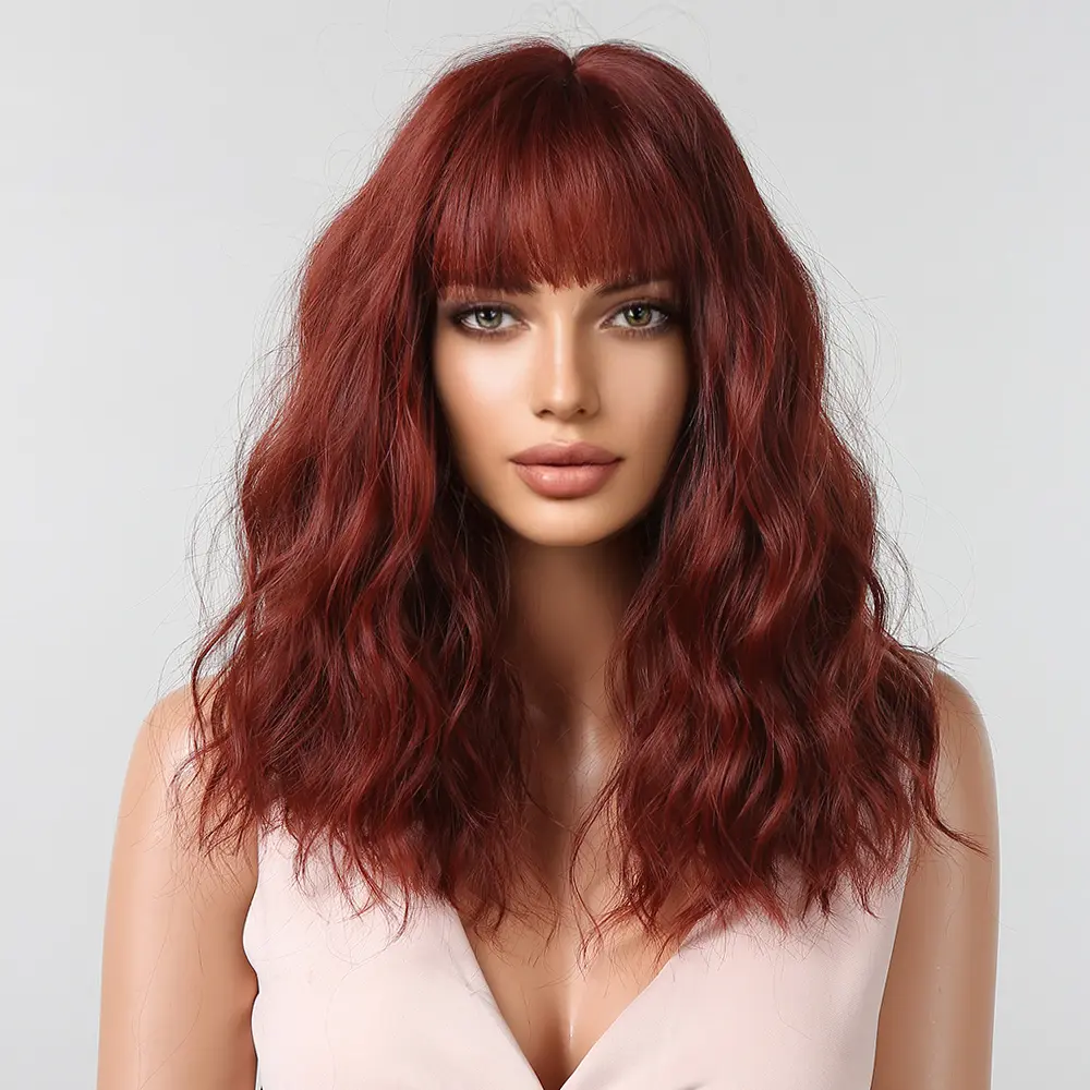Synthetic Red Brown Curly Wig With Bangs For Women Medium Length Wavy Fake Hair For Daily Party Cosplay Use Heat Resistant Fiber