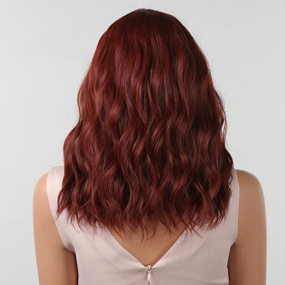 Synthetic Red Brown Curly Wig With Bangs For Women Medium Length Wavy Fake Hair For Daily Party Cosplay Use Heat Resistant Fiber