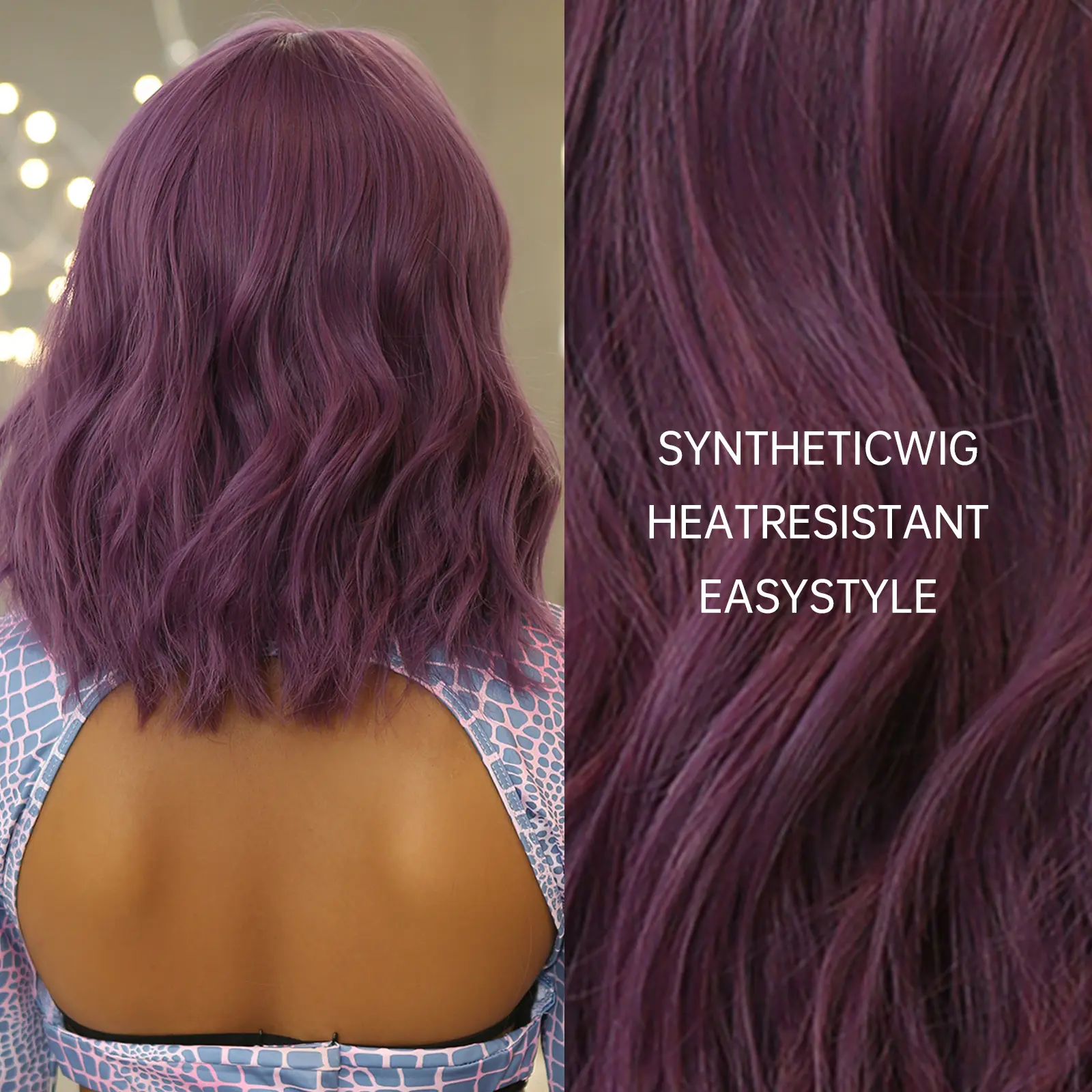 LOUIS FERRE Short Purple Curly Wave Wig With Bangs Natural Looking Bob Synthetic Wig For Women Daily Cosplay Heat Resistant Hair