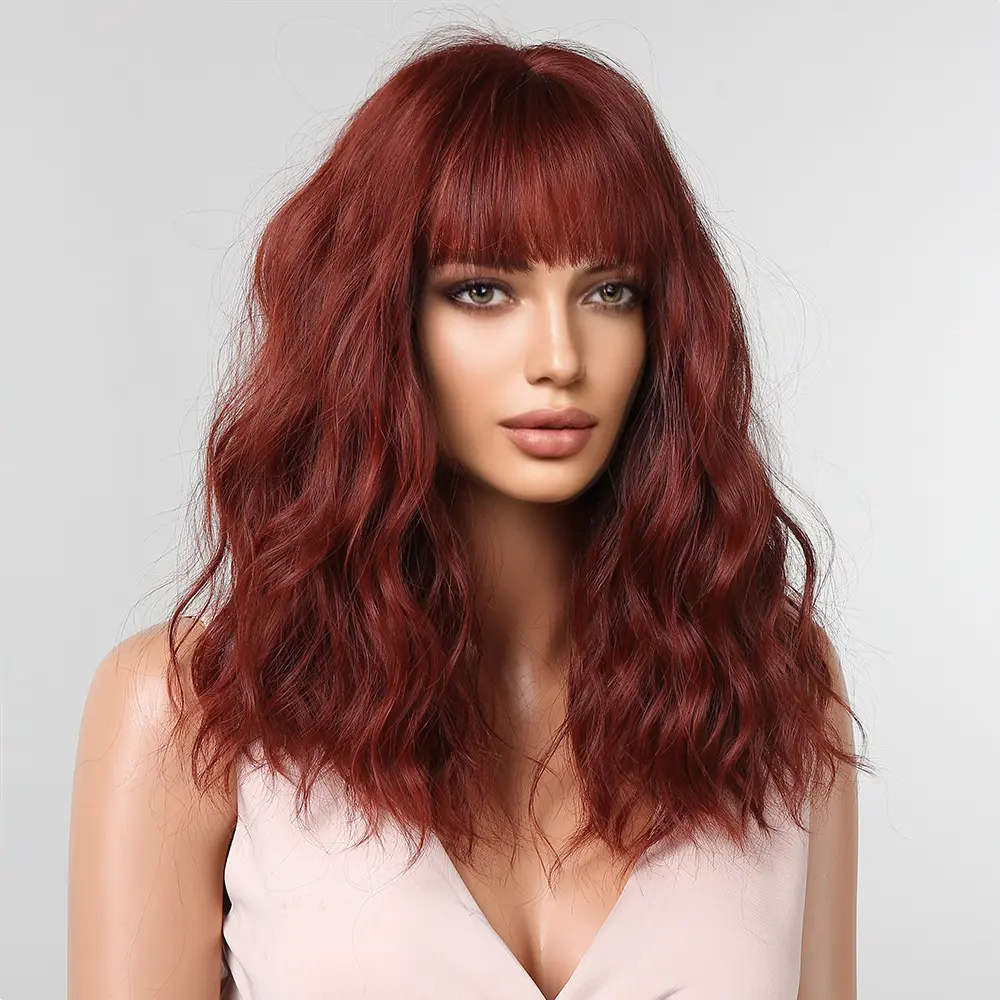 Synthetic Red Brown Curly Wig With Bangs For Women Medium Length Wavy Fake Hair For Daily Party Cosplay Use Heat Resistant Fiber