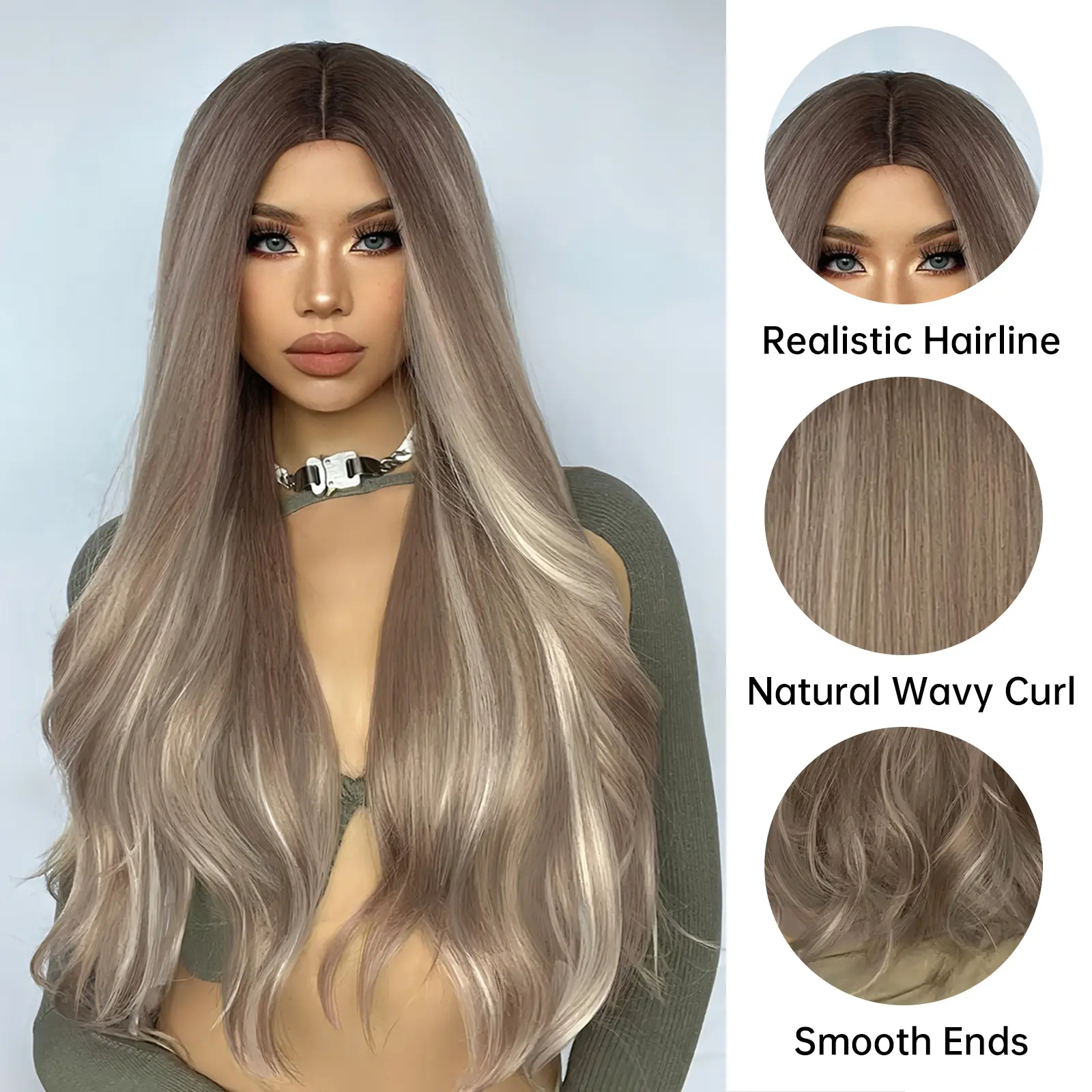 Paltinum Highlights Wig Long Body Wavy Wigs Natural Middle Part Synthetic Blonde Hair Use Heat Resistant For Women Daily Cosplay