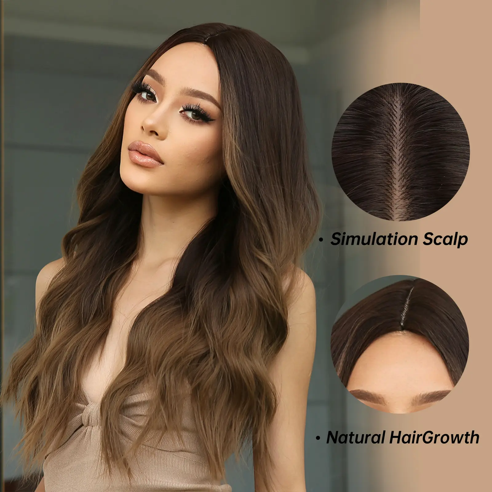 Long Body Wavy Wigs For White Women Brown Synthetic Hair Wigs Natural Middle Part Hair Heat Resistant Daily Cosplay Party Wigs