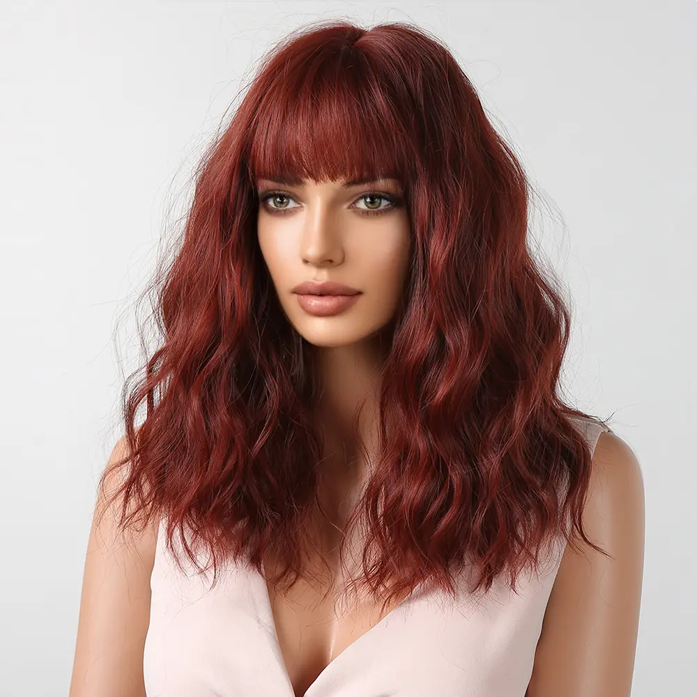 Synthetic Red Brown Curly Wig With Bangs For Women Medium Length Wavy Fake Hair For Daily Party Cosplay Use Heat Resistant Fiber