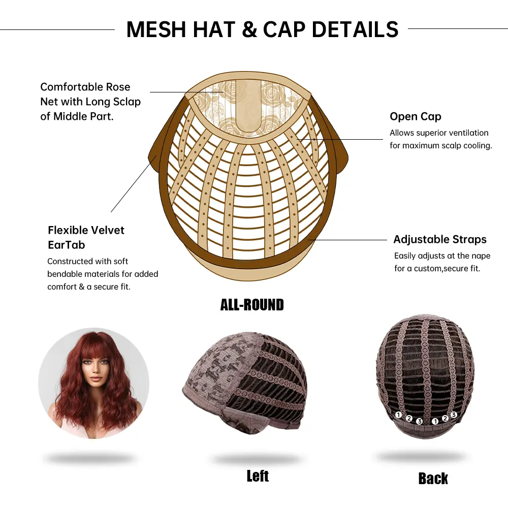 Synthetic Red Brown Curly Wig With Bangs For Women Medium Length Wavy Fake Hair For Daily Party Cosplay Use Heat Resistant Fiber