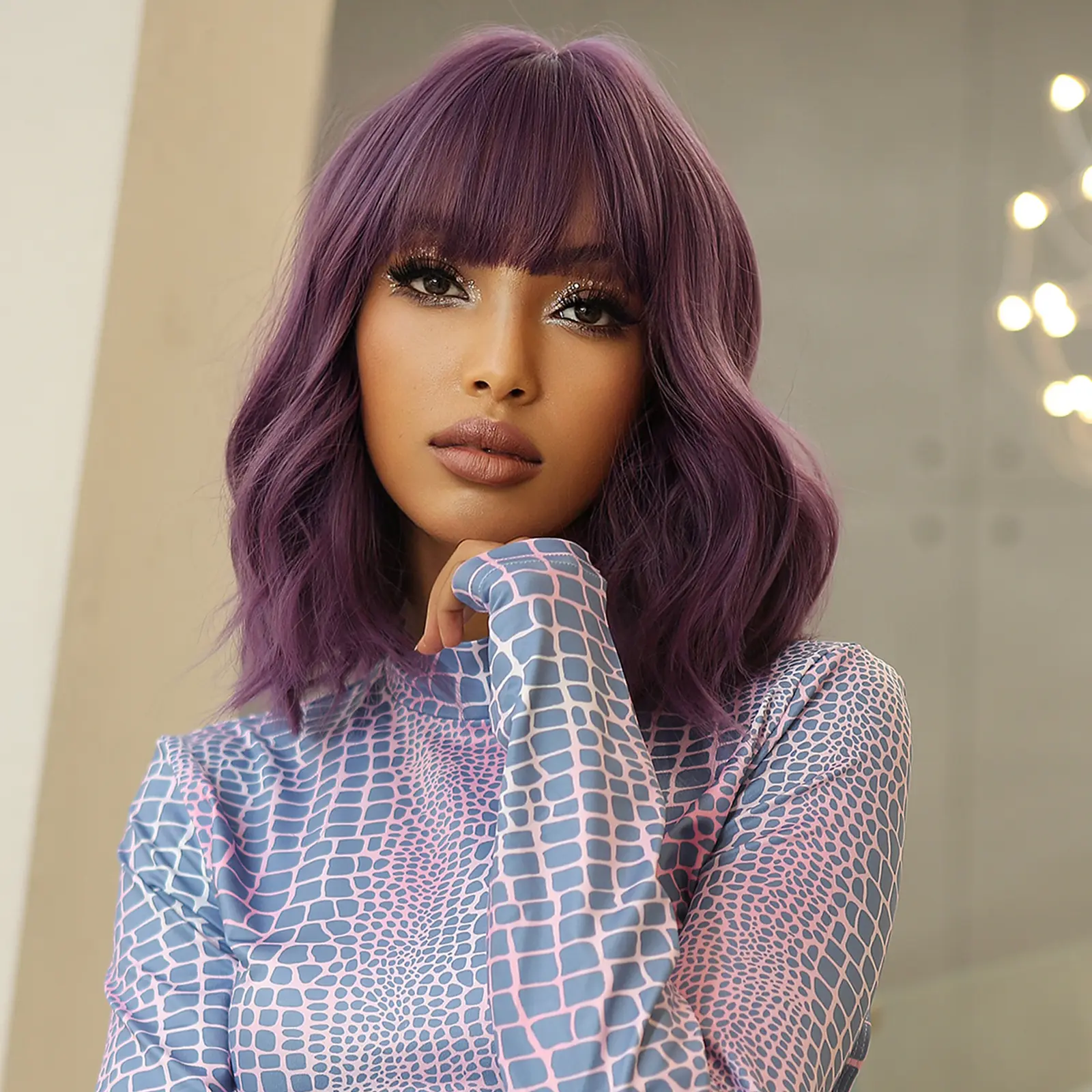 LOUIS FERRE Short Purple Curly Wave Wig With Bangs Natural Looking Bob Synthetic Wig For Women Daily Cosplay Heat Resistant Hair
