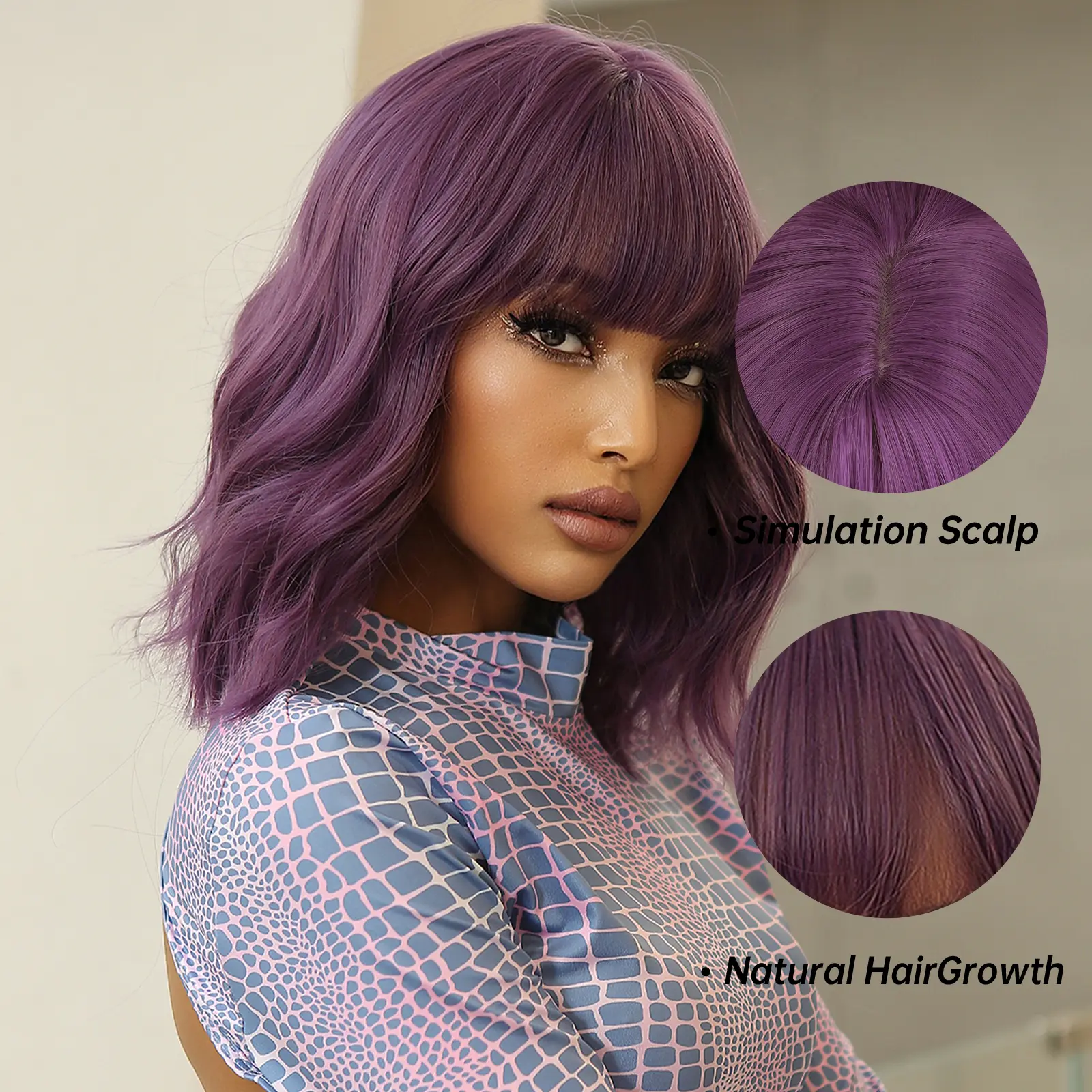 LOUIS FERRE Short Purple Curly Wave Wig With Bangs Natural Looking Bob Synthetic Wig For Women Daily Cosplay Heat Resistant Hair