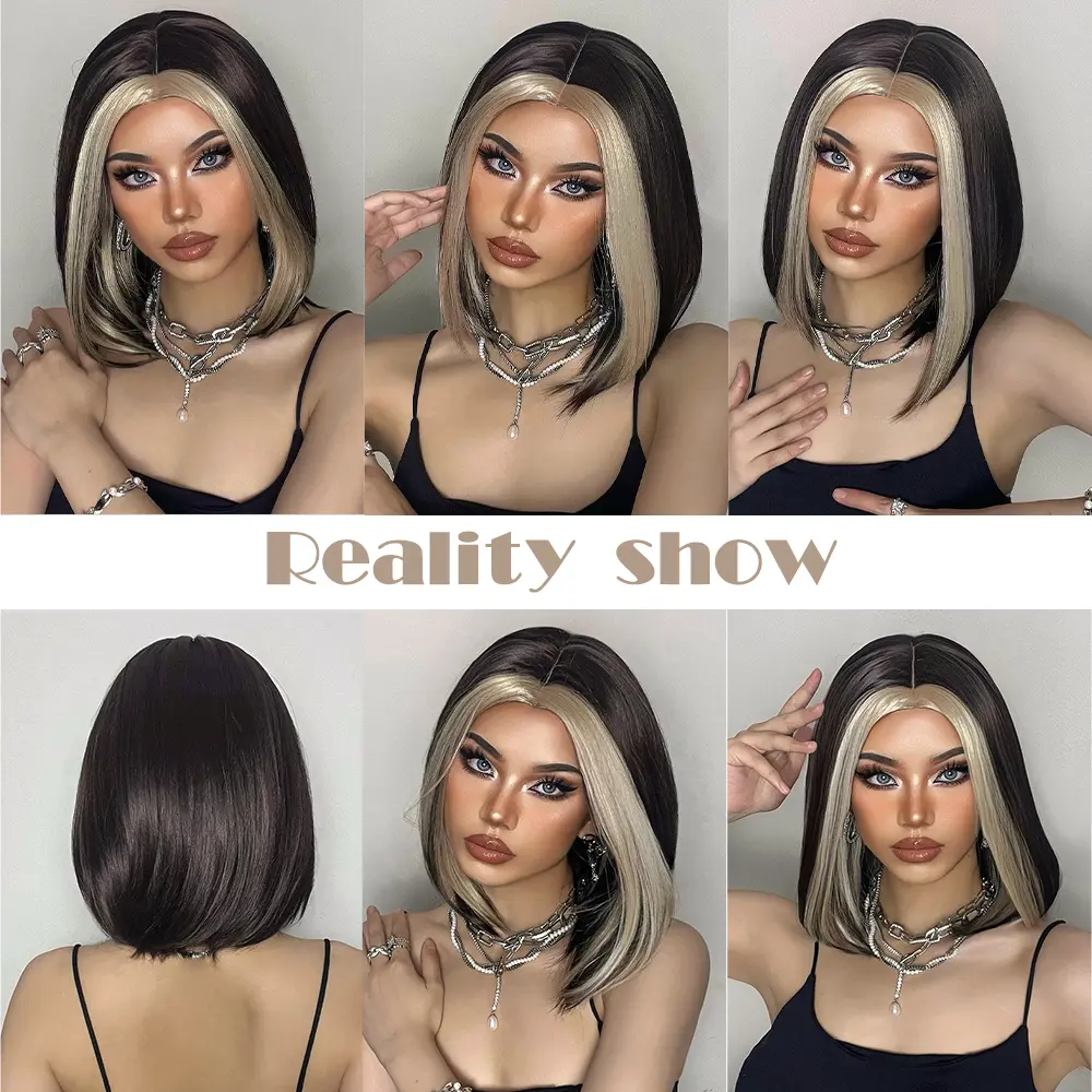 Highlight Brown Blonde Straight Synthetic Wigs Natural Middle Part Fake Hair Wigs For Women Cosplay Daily Heat Resistant Fiber