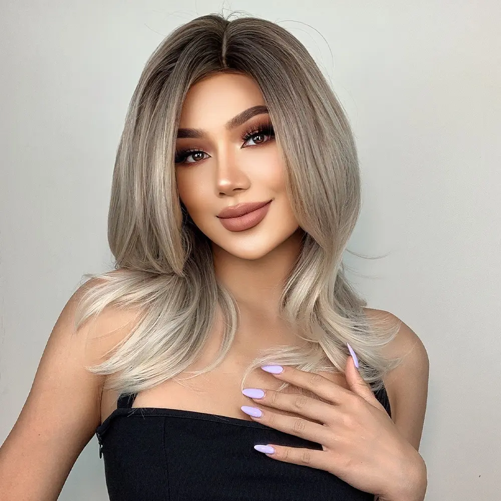 Medium Straight Grey Blonde Synthetic Wigs Brown Ombre Natural Hair Wigs For Women High Temperature Daily Cosplay Party Wigs