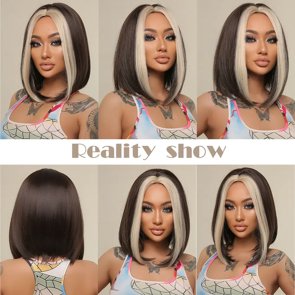 Highlight Brown Blonde Straight Synthetic Wigs Natural Middle Part Fake Hair Wigs For Women Cosplay Daily Heat Resistant Fiber