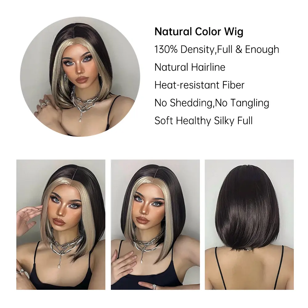 Highlight Brown Blonde Straight Synthetic Wigs Natural Middle Part Fake Hair Wigs For Women Cosplay Daily Heat Resistant Fiber
