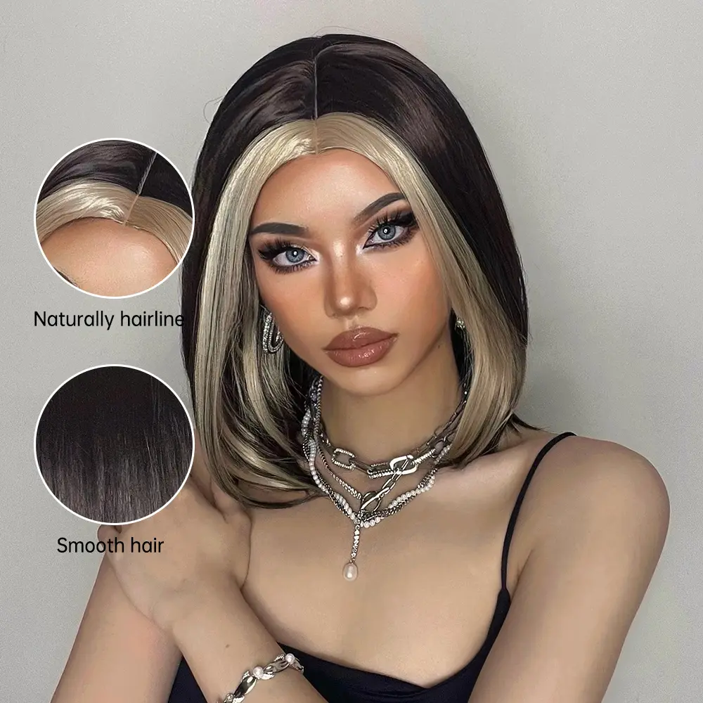 Highlight Brown Blonde Straight Synthetic Wigs Natural Middle Part Fake Hair Wigs For Women Cosplay Daily Heat Resistant Fiber