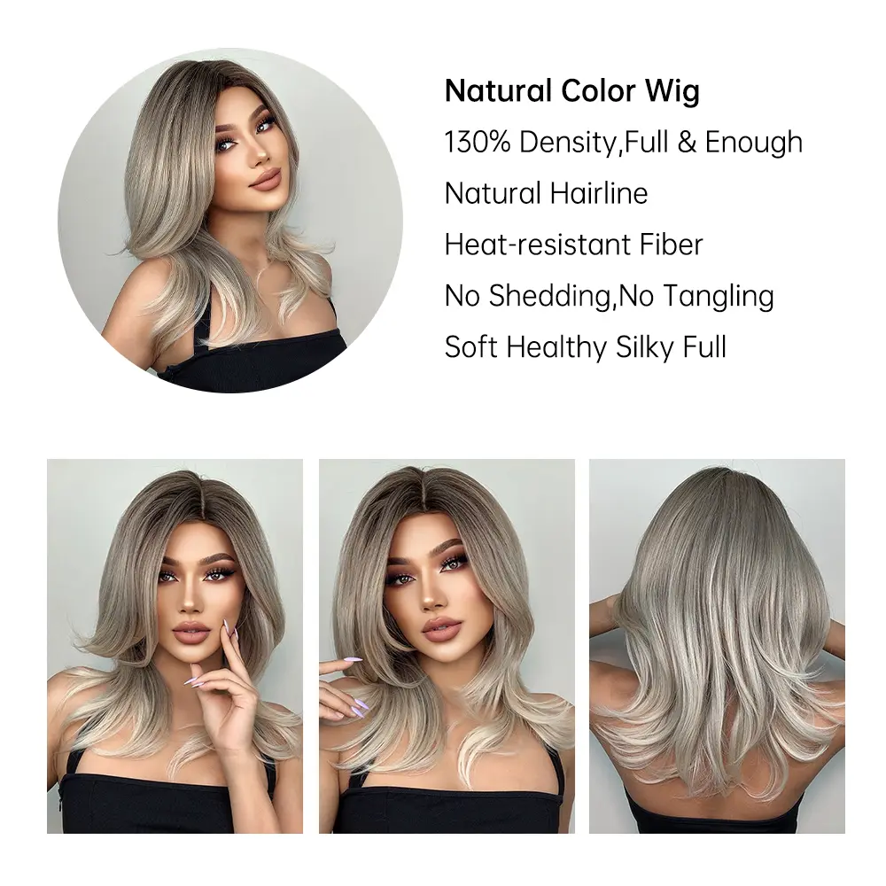 Medium Straight Grey Blonde Synthetic Wigs Brown Ombre Natural Hair Wigs For Women High Temperature Daily Cosplay Party Wigs