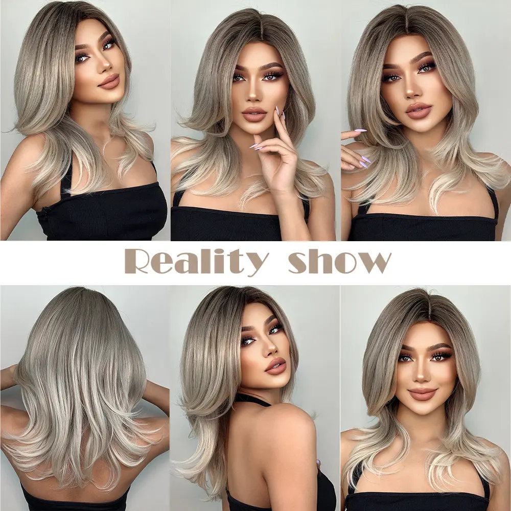 Medium Straight Grey Blonde Synthetic Wigs Brown Ombre Natural Hair Wigs For Women High Temperature Daily Cosplay Party Wigs