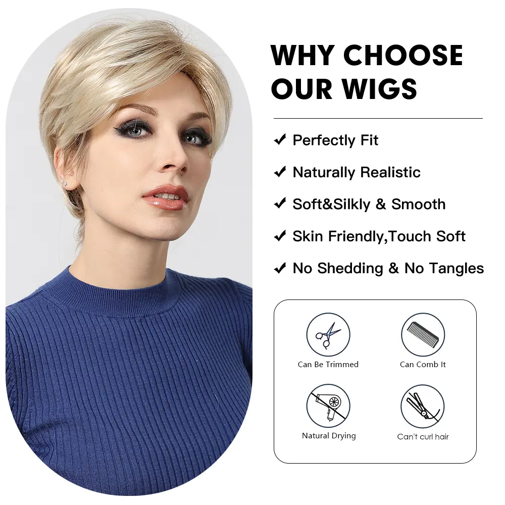 LOUIS FERRE Short Pixie Cut Synthetic Wigs for Women Blonde Highlights Straight Wigs With Bangs Layered Women's Wigs for Daily